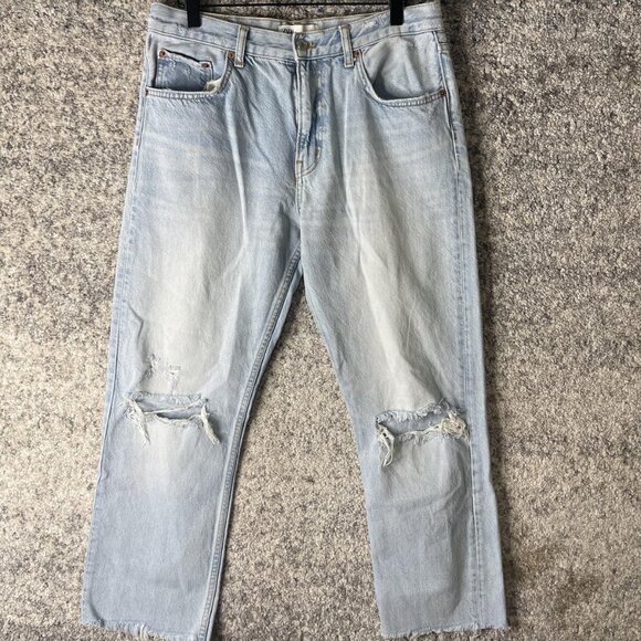 Zara Jeans Womens 10 Light Wash Distressed Straight Leg Raw Hem High Rise - Picture 1 of 11